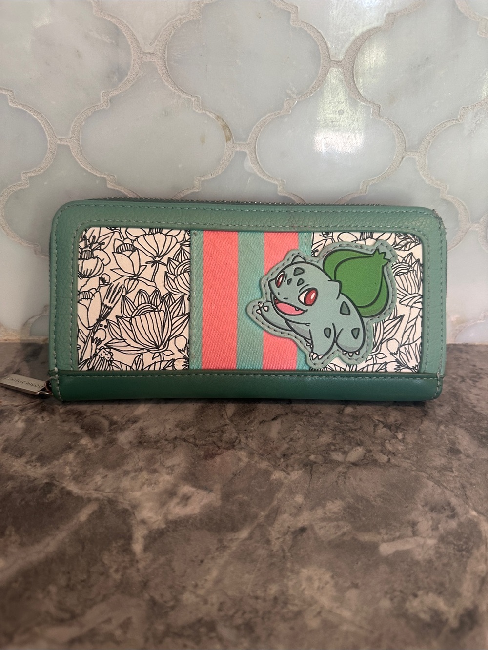 Pokemon Wallet Teal Pink Coral Green Stripe Floral
